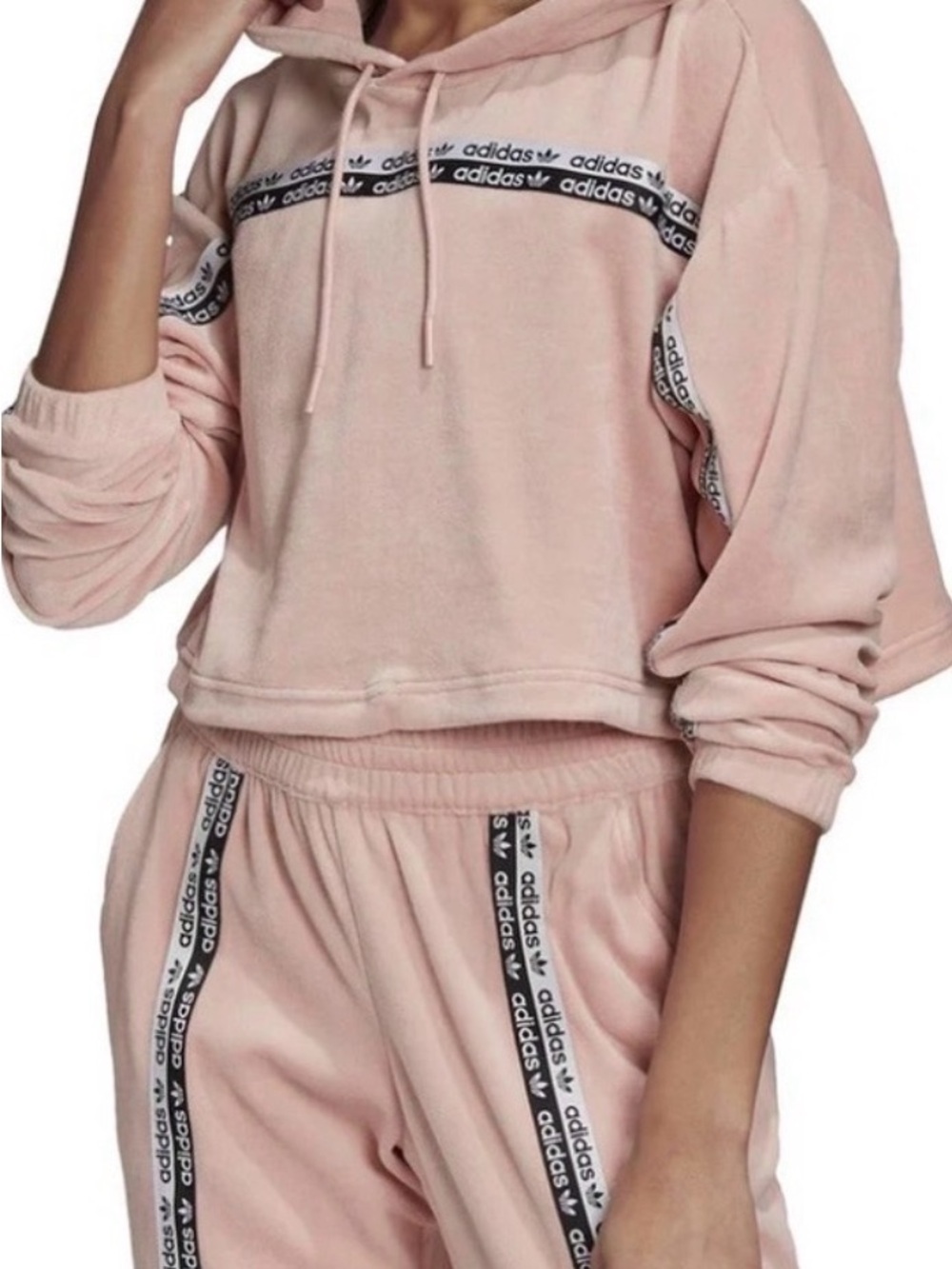 Adidas Originals Women’s L Pink Velour Cropped Hoodie Logo Tape Y2K